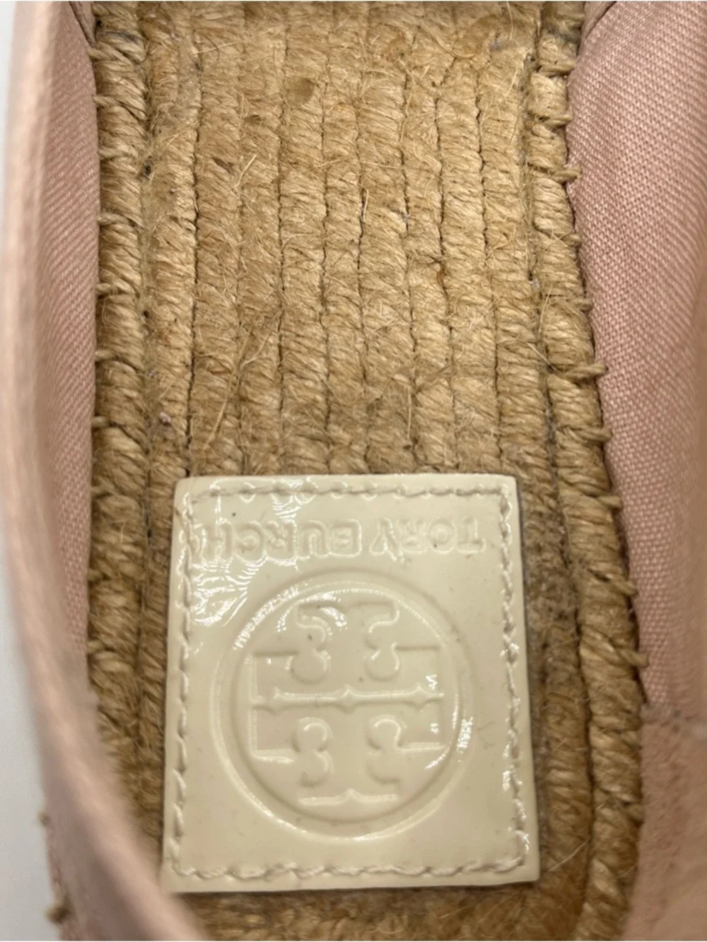 Tory Burch Ines Espadrille Poppy Pink Canvas Patent Leather Logo Flats Womens 7M